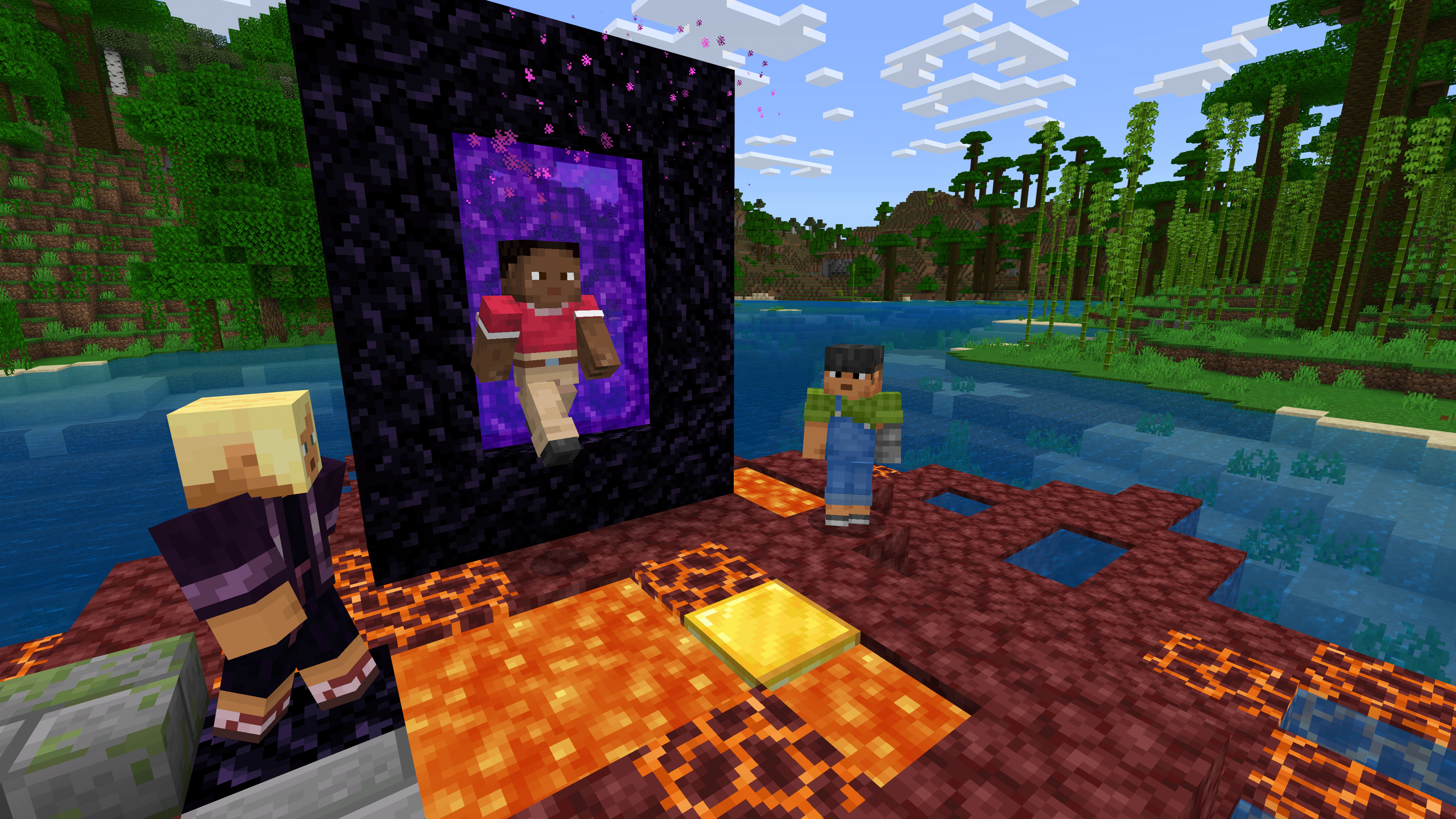 Jogadores saindo de um portal do Nether no Minecraft